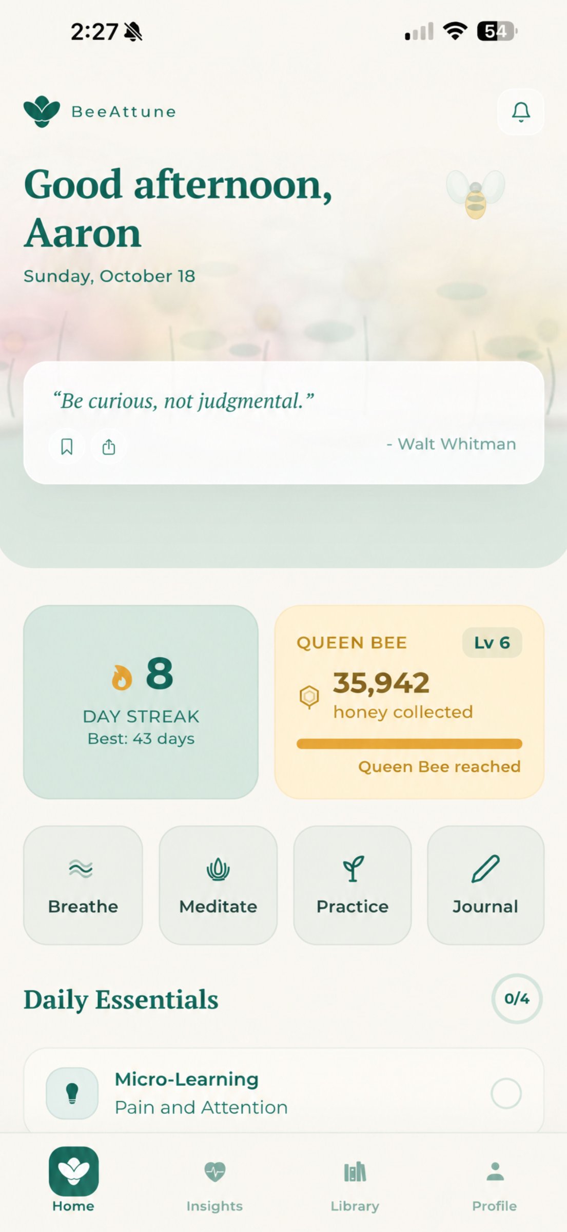 BeeAttune home screen